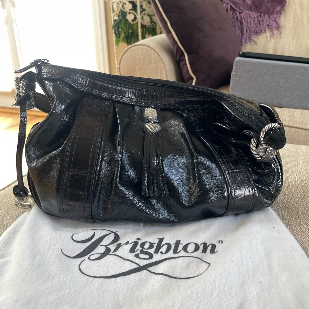 Brighton Black Croc Leather Shoulder Bag with Tassel